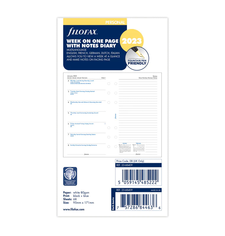 Week On One Page Diary With Notes - Personal 2023 Multilanguage