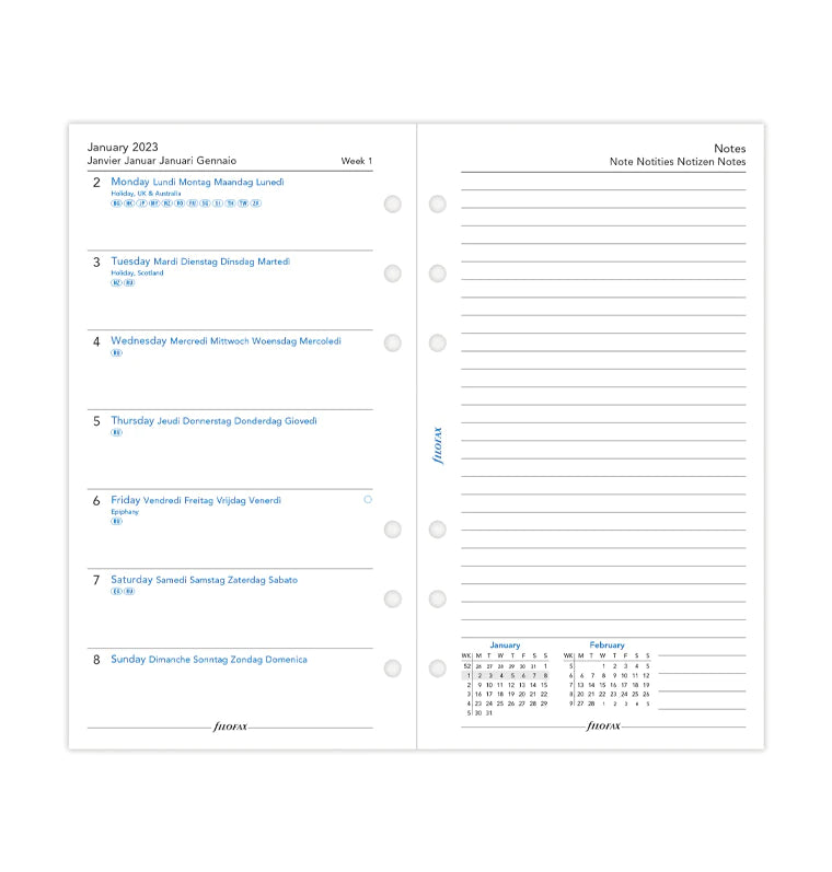 Week On One Page Diary With Notes - Personal 2023 Multilanguage