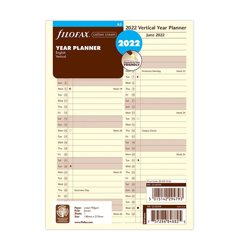 Vertical Year Planner A5 2022 Cotton Cream