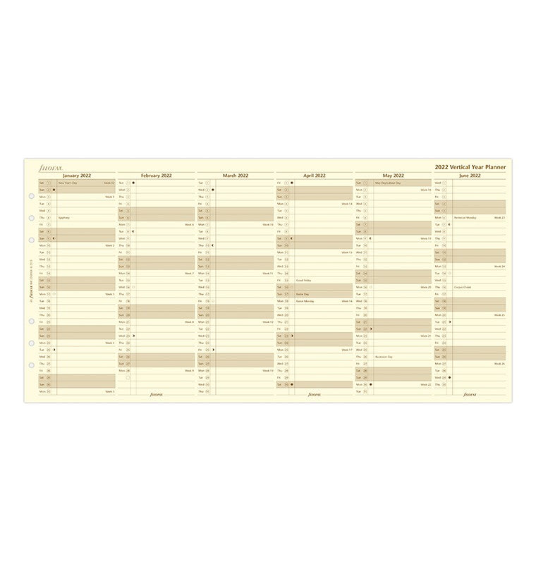 Vertical Year Planner A5 2022 Cotton Cream