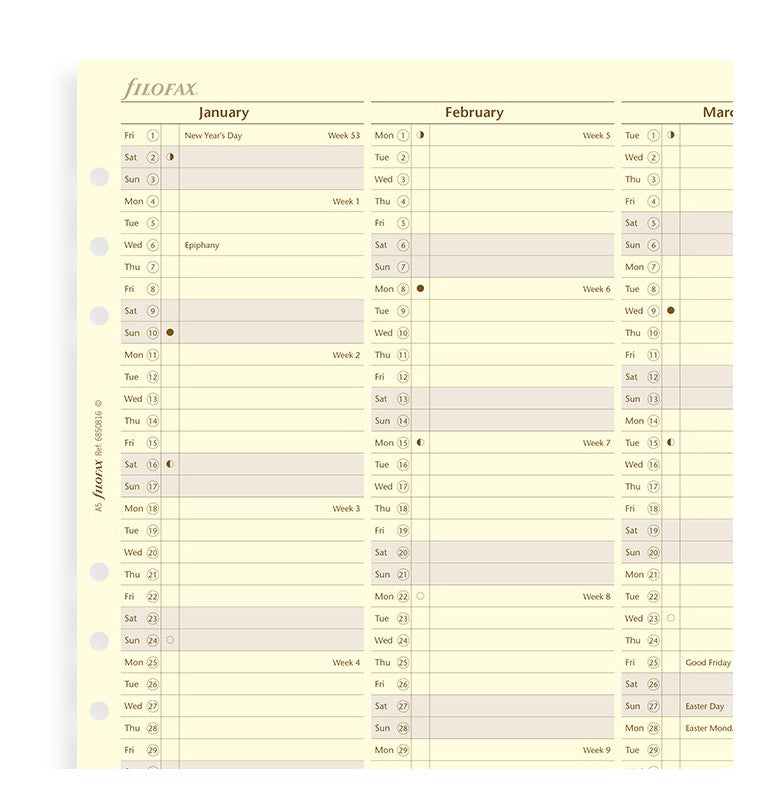 Vertical Year Planner A5 2022 Cotton Cream