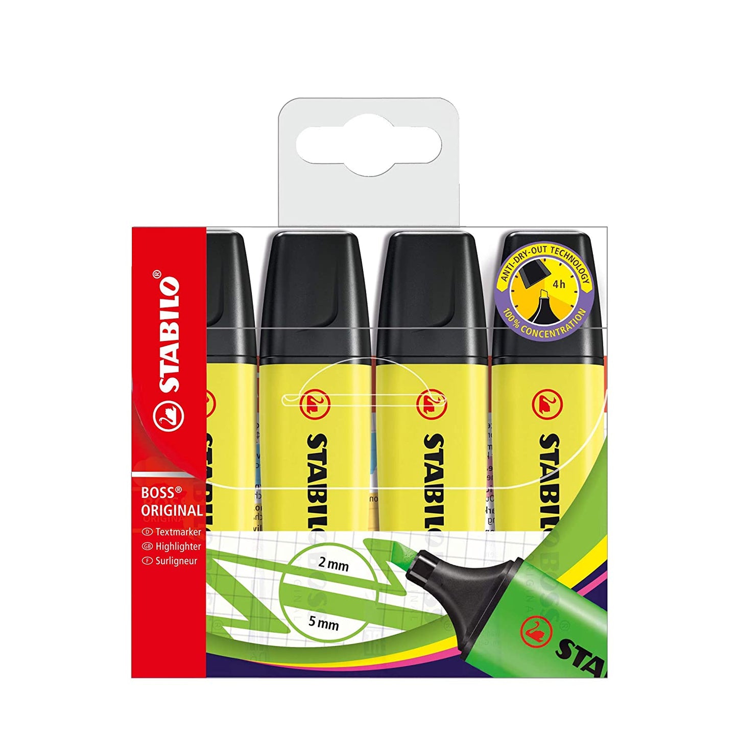 STABILO BOSS Original - Highlighter Pen - Wallet of 4 (Fluorescent Yellow)