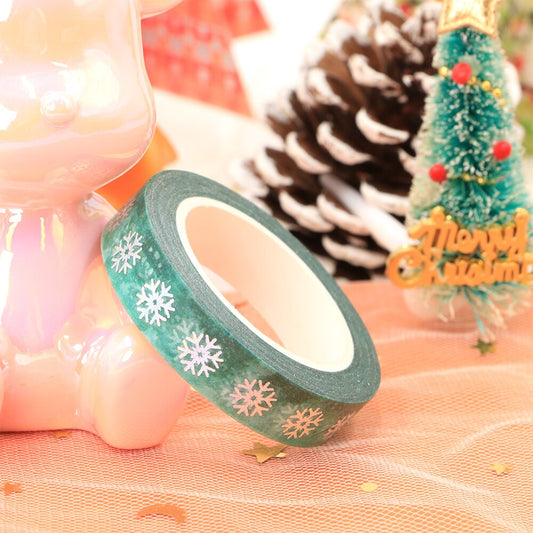 Silver Foiled Snowflake Green Washi Tape Sample