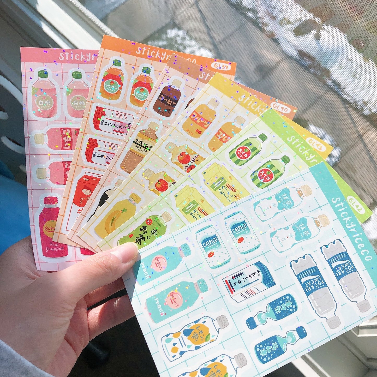 Japanese Aesthetic Drinks Holographic Glitter Vinyl Stickers