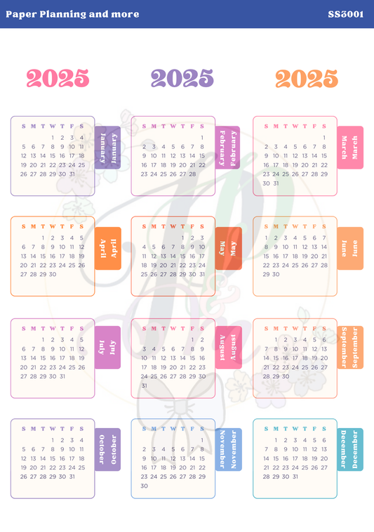 2025 Calendars with Coloured Tabs Sticker Sheet- A5 size