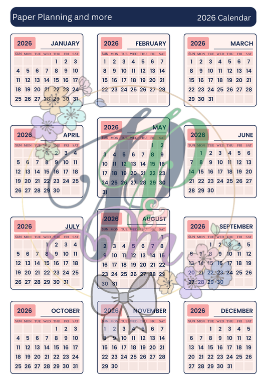 2026 Calendar Sticker Sheet