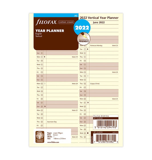 Vertical Year Planner A5 2022 Cotton Cream