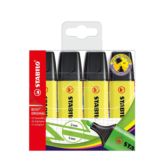 STABILO BOSS Original - Highlighter Pen - Wallet of 4 (Fluorescent Yellow)