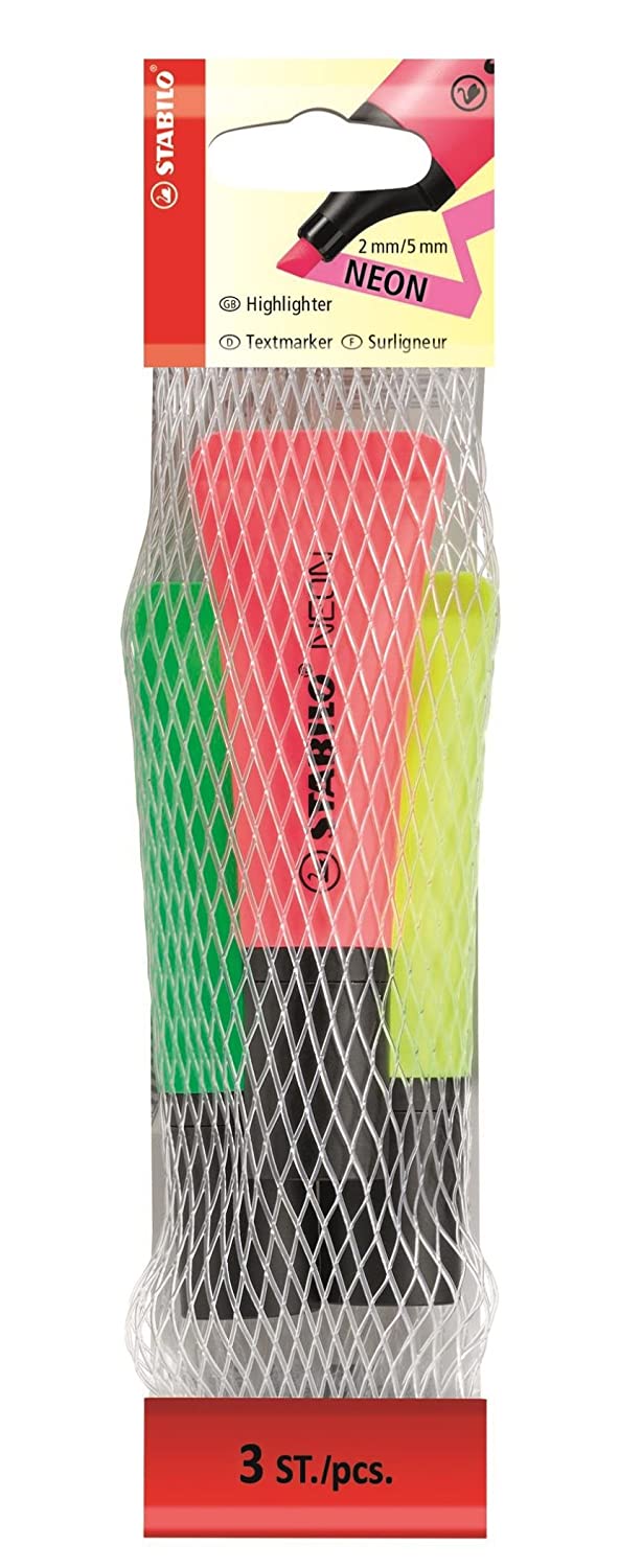 STABILO NEON - Highlighter Pen - Pack of 3 (Yellow, Green, Pink)