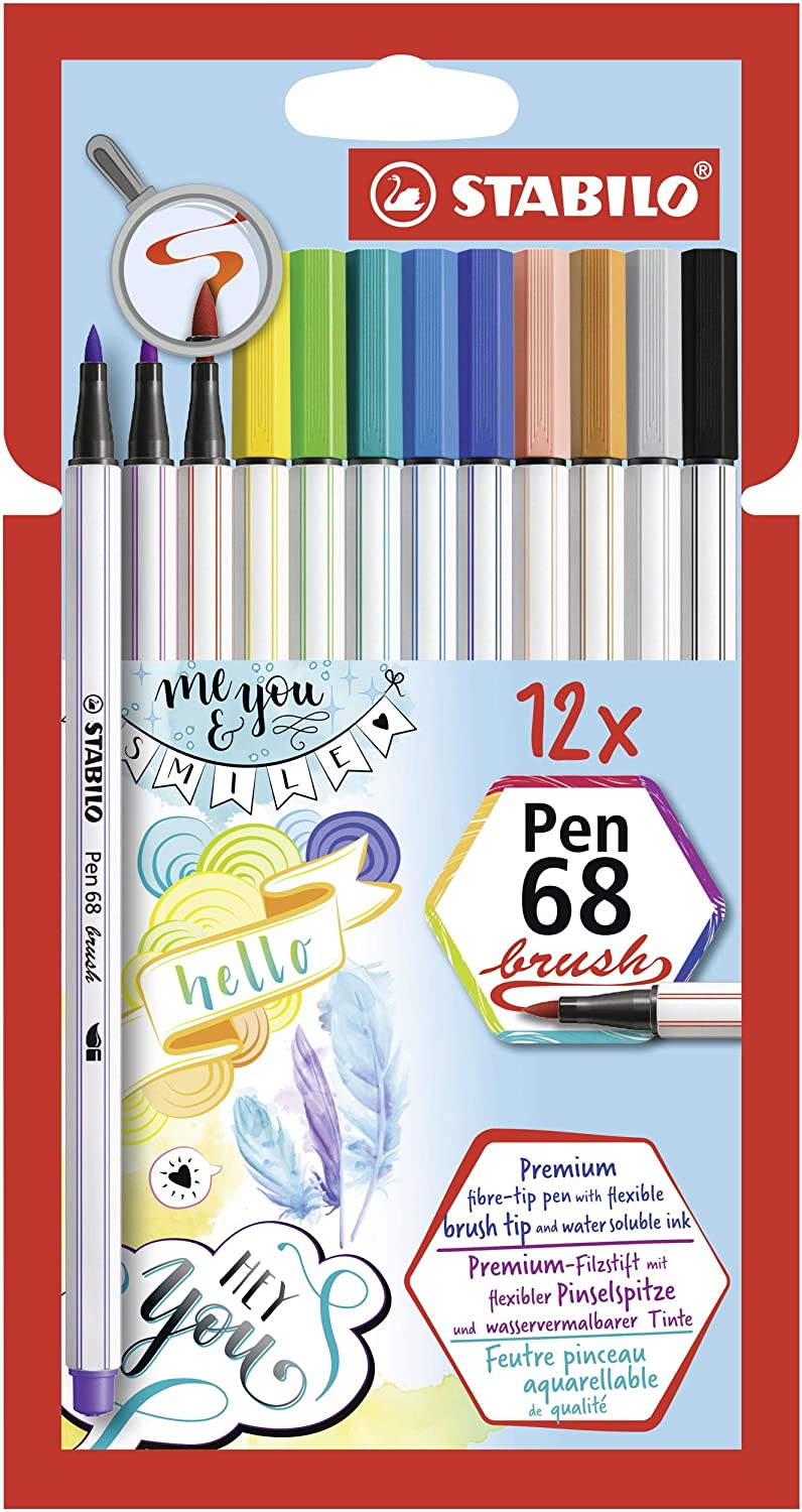 STABILO Pen 68 brush - Premium Fibre-Tip Pen - Wallet of 12 Assorted Colours