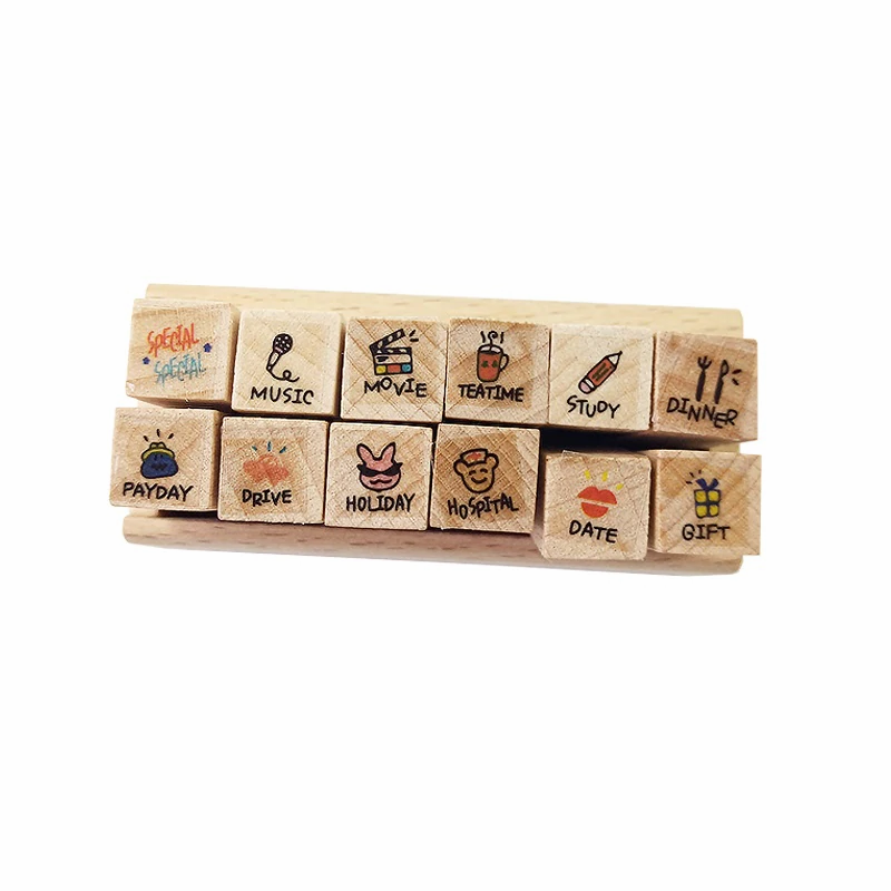 12 Pcs/set Lovely Happy Life decoration wooden rubber stamps
