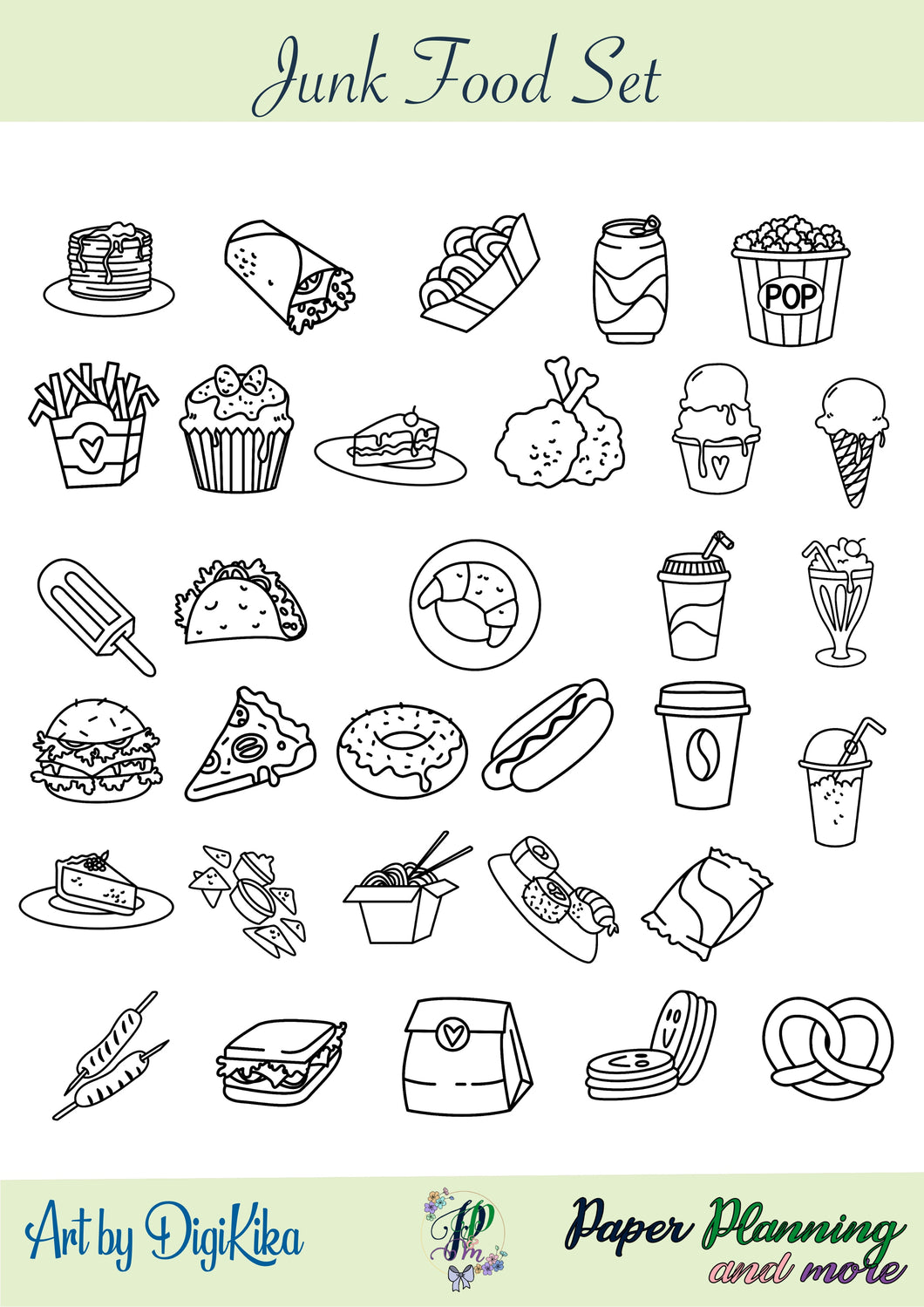 Party Junk Food Lines Cute Drawing: Pizza, Cupcake, Ice Cream, Gingerbread,  Burger, Pancakes, Donut Cake Vector Isolated Royalty Free SVG, Cliparts,  Vectors, and Stock Illustration. Image 127633479.