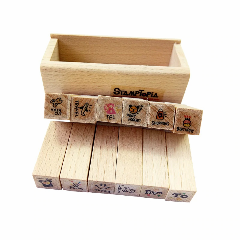 12 Pcs/set Lovely Happy Life decoration wooden rubber stamps