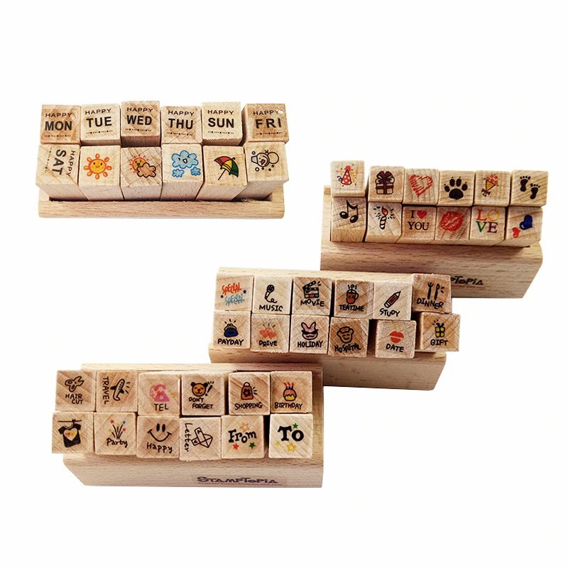 12 Pcs/set Lovely Happy Life decoration wooden rubber stamps
