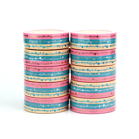 Slim Blue Pink Yellow Foiled Star Washi Tape