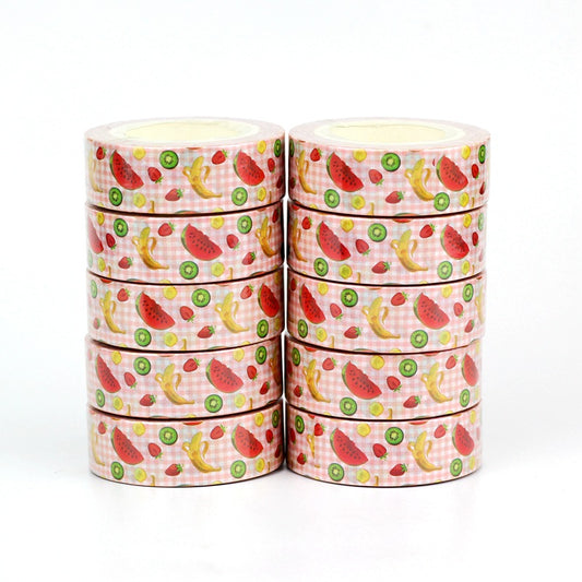 Fruits on Pink Grid Washi Tape
