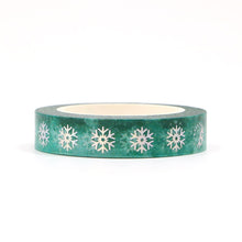 Load image into Gallery viewer, Silver Foiled Snowflake Green Washi Tape Sample
