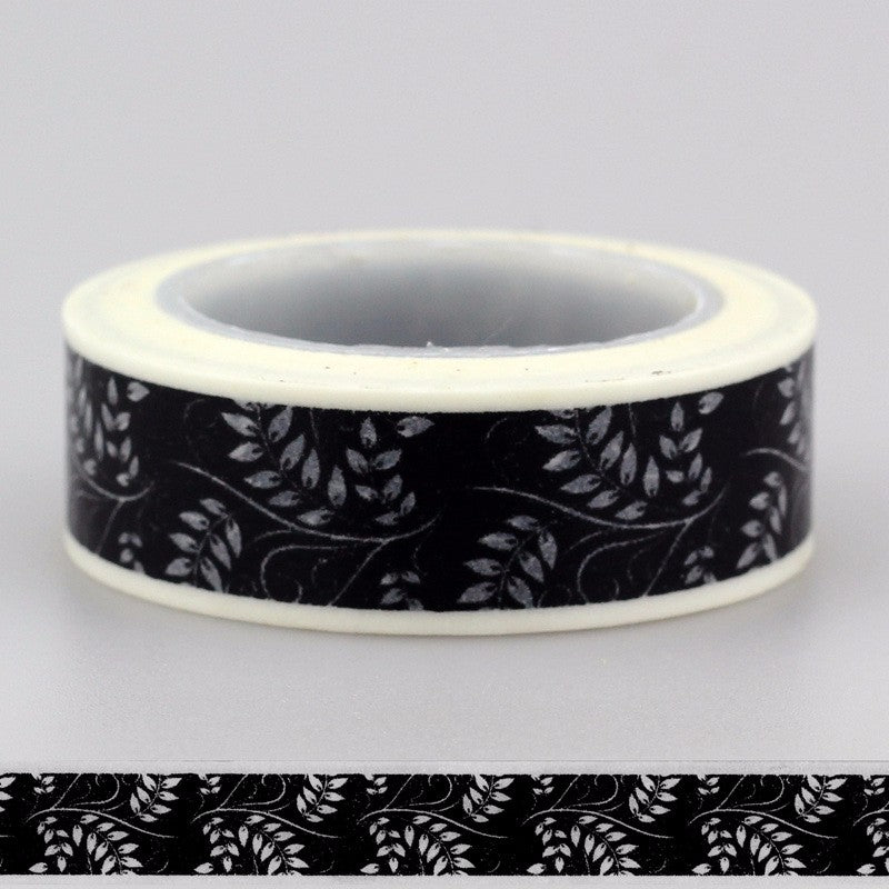 Black with White Leaves Washi Tape