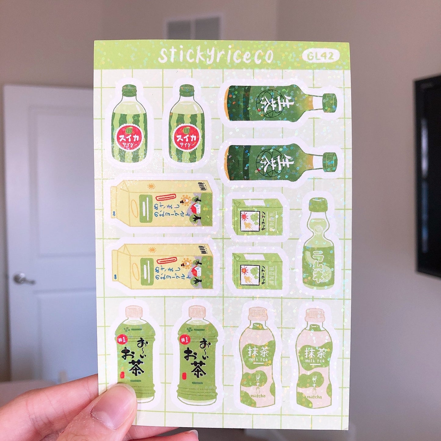 Japanese Aesthetic Drinks Holographic Glitter Vinyl Stickers