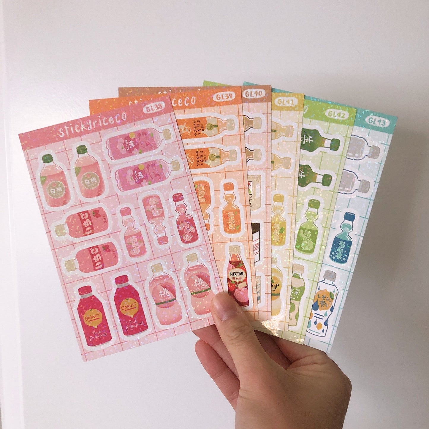 Japanese Aesthetic Drinks Holographic Glitter Vinyl Stickers