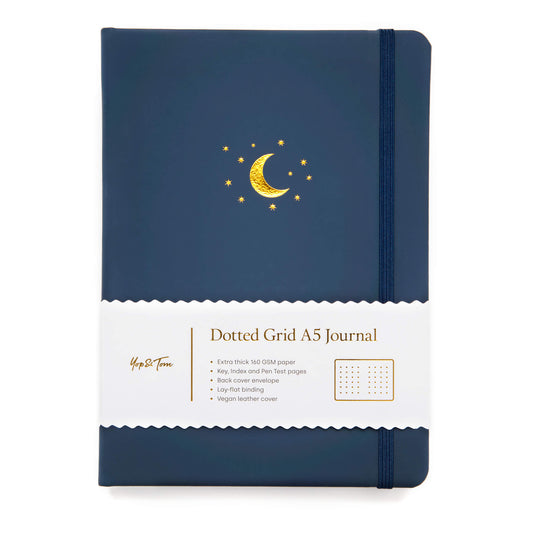 Yop and Tom A5 DOT GRID JOURNAL - MOON AND STARS - MIDNIGHT BLUE